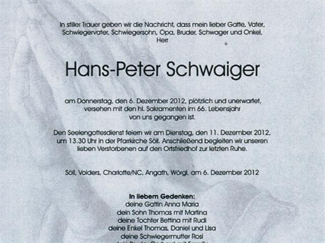 Schwaiger Hans-Peter verstorben