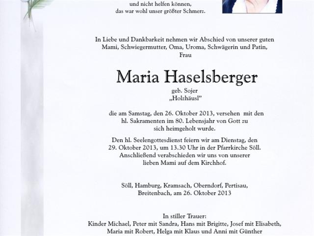 Frau Maria Haselsberger verstorben