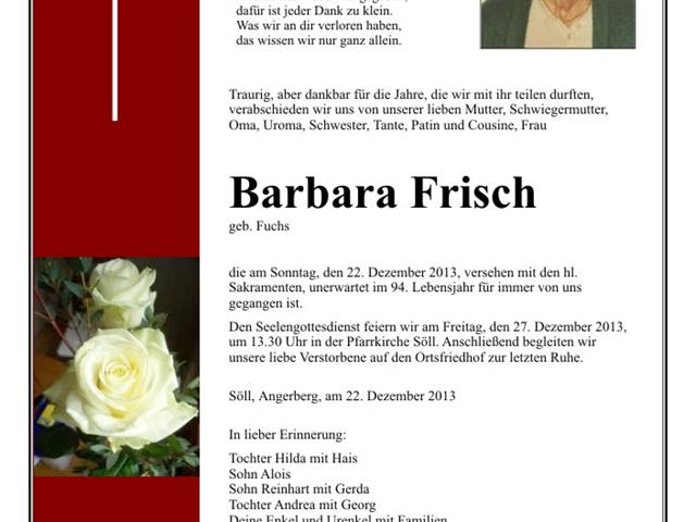 Frau Barbara Frisch verstorben