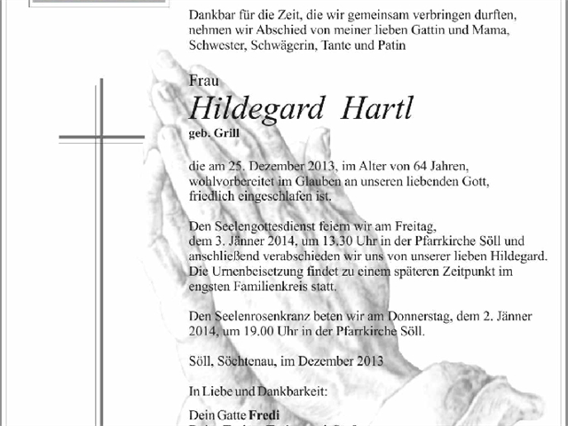 Frau Hildegard Hartl verstorben