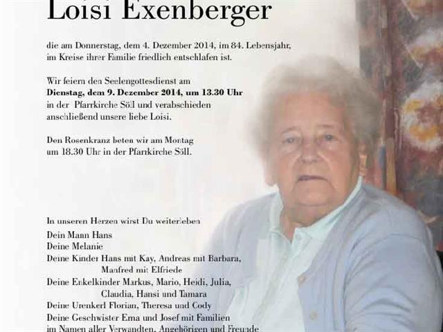 Loisi Exenberger verstorben