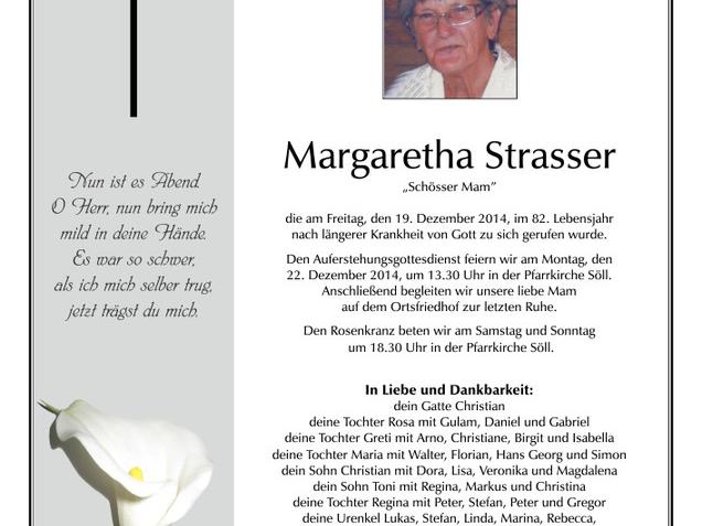 Margaretha Strasser verstorben